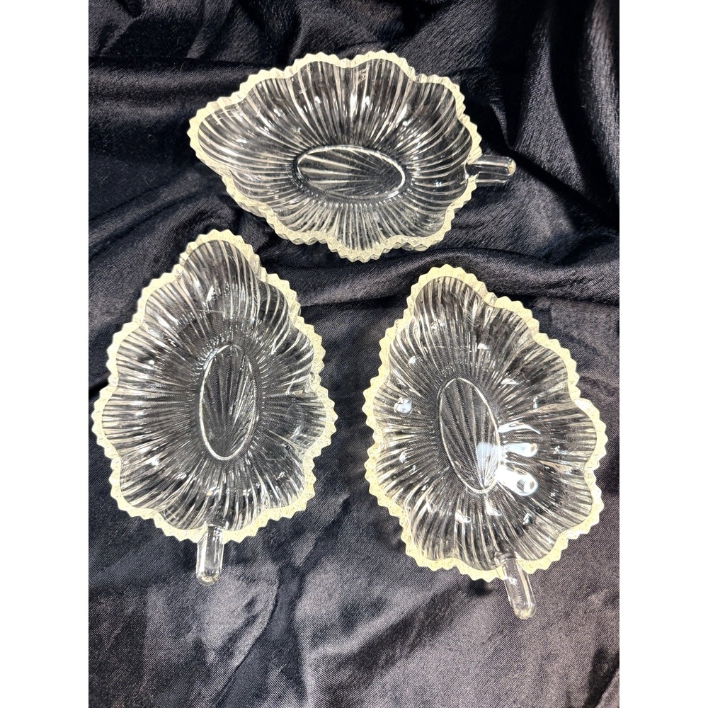 3- Antique Federal Glass Leaf Relish/Trinket/Nut Dishes Rib Clear Crystal (2660)